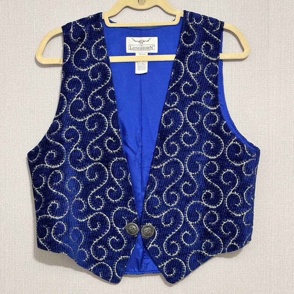 Vintage Longhorn Niver Western Wear Blue Silver Scroll Embroidered Vest Medium
